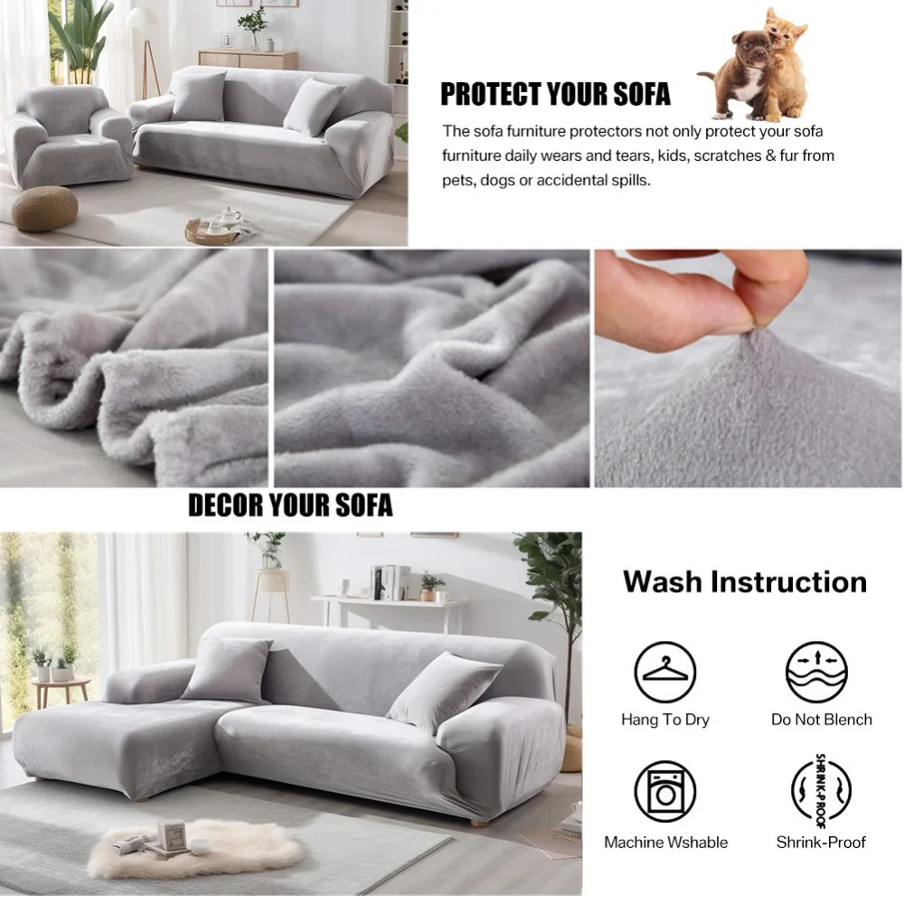 Velvet Sofa Cover Thick Elastic 1/2/3/4 Seater Sofa Cover for Living Room Velvet Plush L Shaped Corner Sofa Cover Couch Cover 3