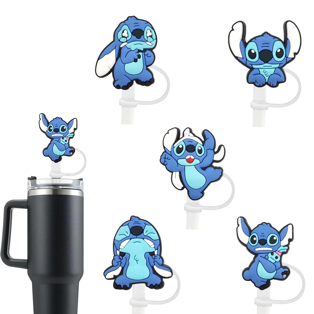 5pcs/set Stitch series Straw Cover Cap for Reusable Drinking Dust Cap Glas Cup Accessories,Straw Toppers 10mm Silicone