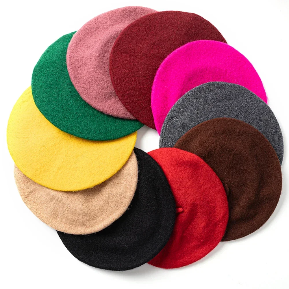 Women Colorful Wool Berets French Artist Style Warm Winter Hat Retro Plain Beret Solid Color Elegant Lady All Matched Autumn Cap