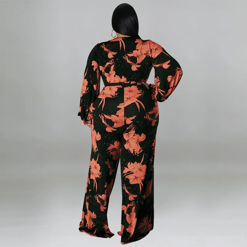 Plus Size Women 5xl Jumpsuit Off Shoulder Floral Print One Piece Outfit Sexy Fashion Wide Leg Pant 2023 Summer Lady V Neck Cloth