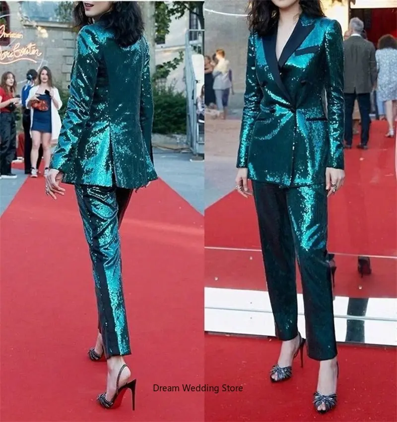 

Sparkling Sequins Women Suits Office Sets 2 Pieces Blazer+Pant Dark Green Evening Party Prom Dress Formal Tuxedos Custom Made
