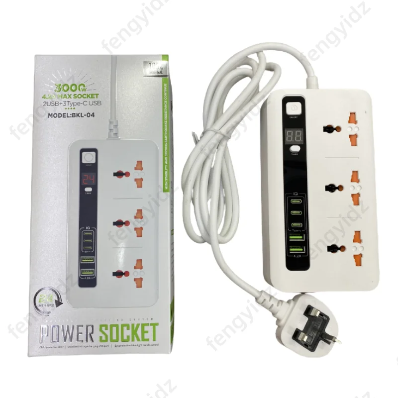 Universal Outlet EU/UK Plug Power Strip Timer Sockets 2M Extension Cable 2 USB 3 TYPE-C Network Filter Fast Charging Socket