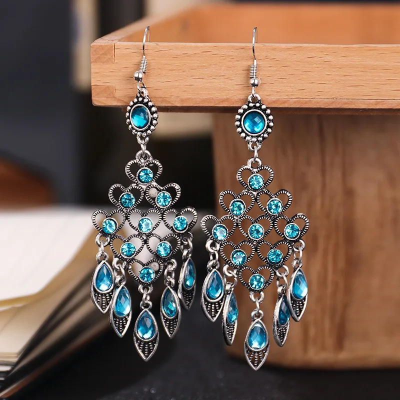 Bohemian Ethnic Long Blue Acrylic Crystal Water Drop Earrings for Women Retro Temperament Geometric Dangle Earrings Jewelry - Image 6