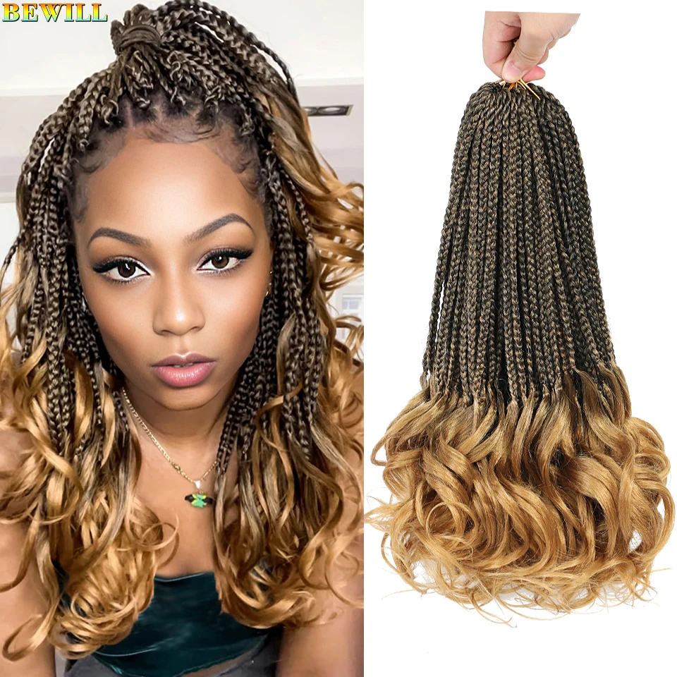 14’’ Synthetic French Curls Crochet Hair Braids Kid-Friendly Ombre Brown to Blonde French Curl Box Braids with Bouncy Curly Ends 2