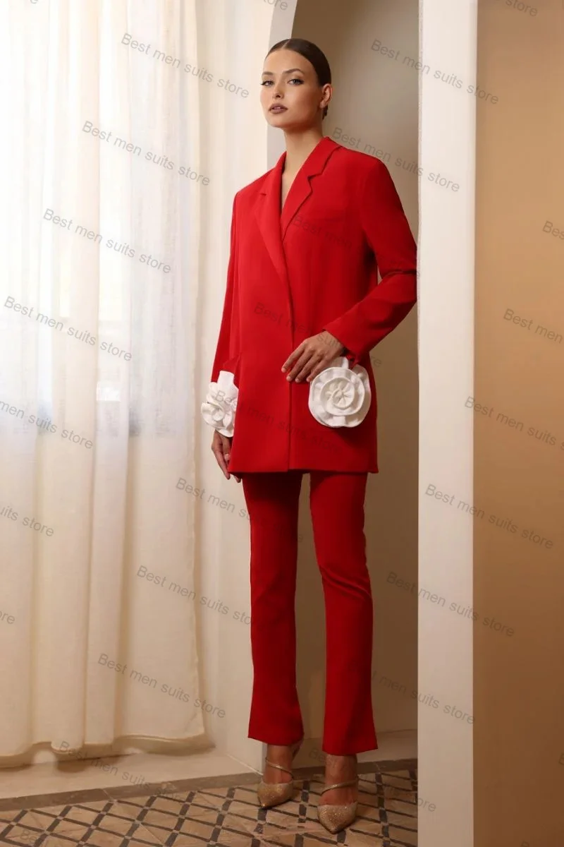 

Red Women Suits Set With 3D Flower 2 Piece Formal Office Lady Jacket Coat Blazer+Pants Prom Dress Wedding Tuxedo Custom Made
