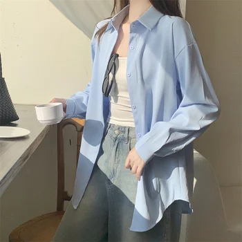 AOSSVIAO النساء قمصان أنيقة 2025 الخريف جديد طويل الأكمام فضفاضة قميص للسيدات بولو مكتب ارتداء زر بلوزة حريمي الصلبة القمم 5