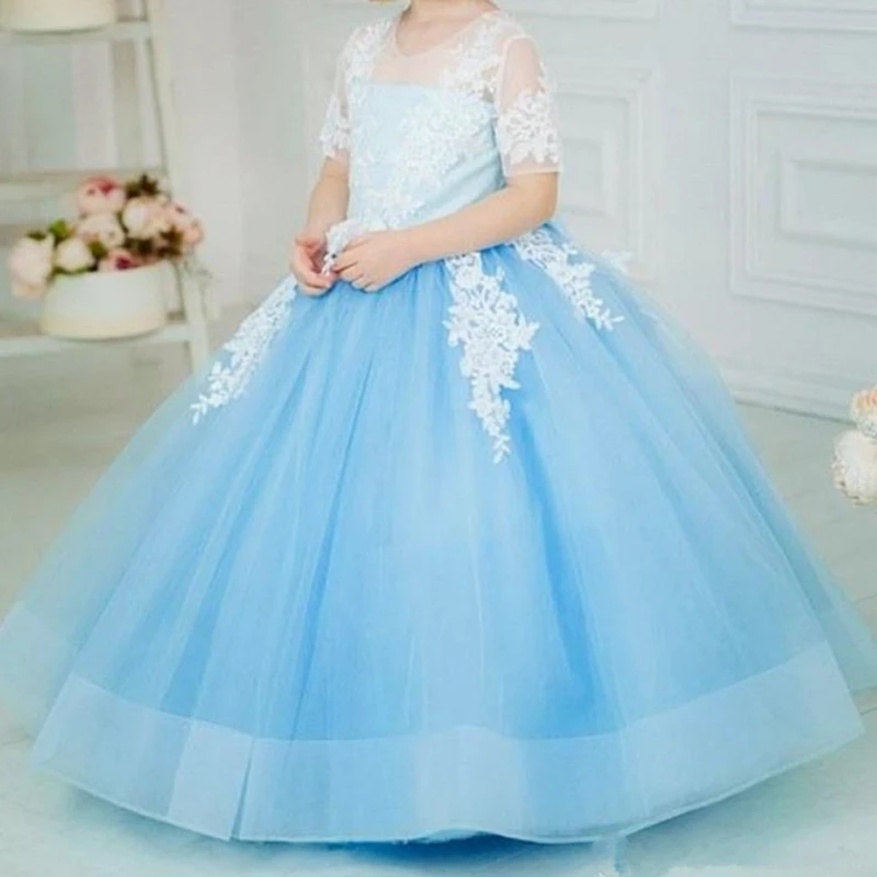 

Sky Blue Flower Girl Dresses Lace Pattern Sleeveless Cascading Kids Pageant Gowns For Weddings First Communion Dresses