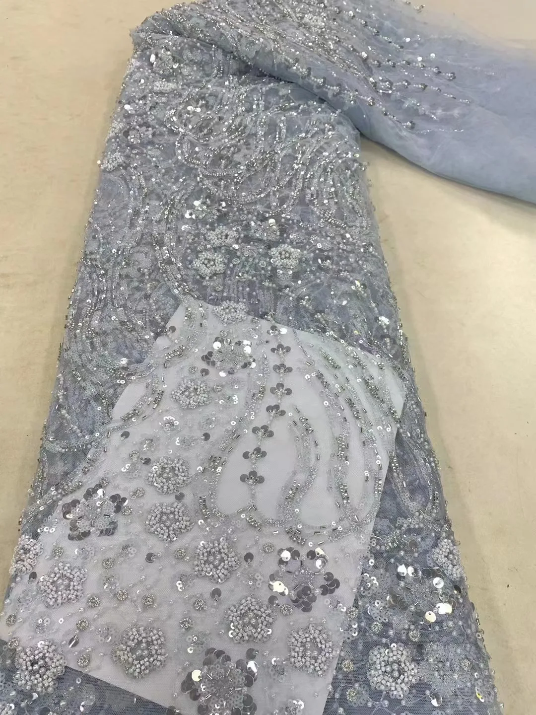 

African Beaded Groom Lace Fabric 2023 High Quality Nigerian Sequins Mesh Tulle Lace Fabric For Sewing Women Dress 5 Yards