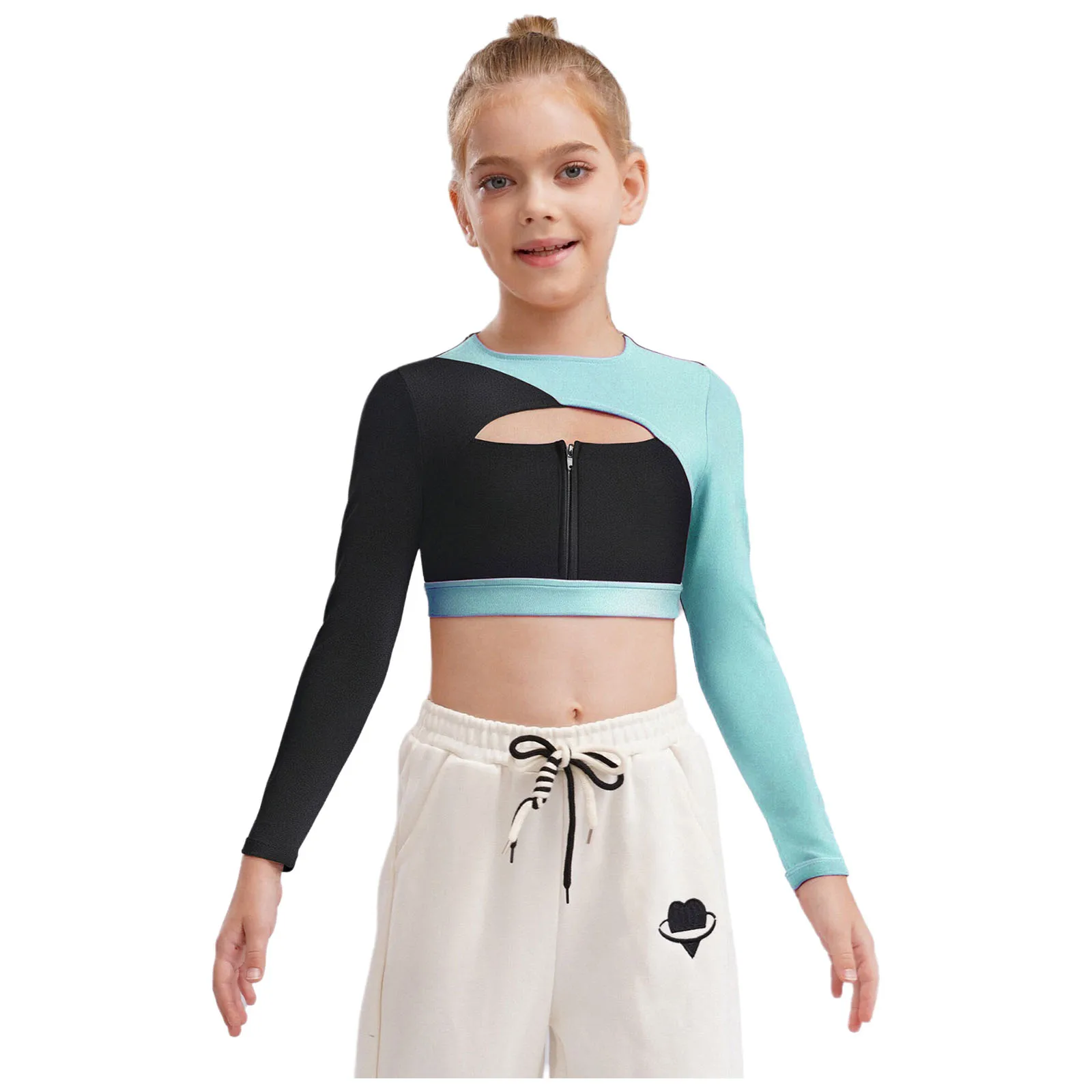 Kids Girls Sports Tops Yoga Tops Workout Running Cycling Costumes Breathable Long Sleeve Front Color Block Crop Top
