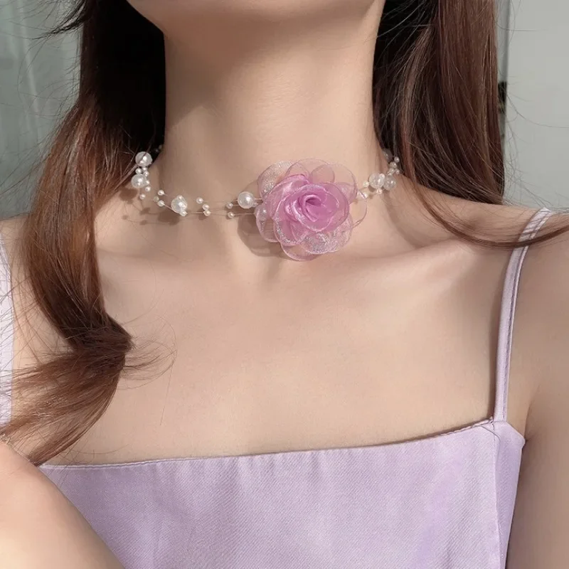 

Romantic Pink Flower Necklace Pearl Choker For Women Classic Chain With Imitation Pearls Of Pendant Necklace Jewlery Gift New