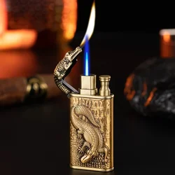 2024 3D Relief Dragon Crocodile Double Fire Lighter Metal Windproof Jet Fire Open Fire Conversion Gas Lighter Smoking Men's Gift