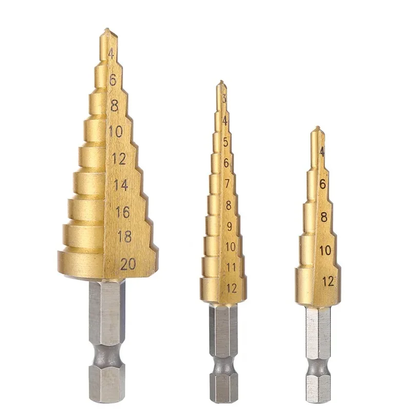 Straight Groove Step Drill Bit Set 3-12mm 4-12mm 4-20mm 4-32mm Wood Metal Hole Driller Tool Set 3Pcs With Cloth Bag