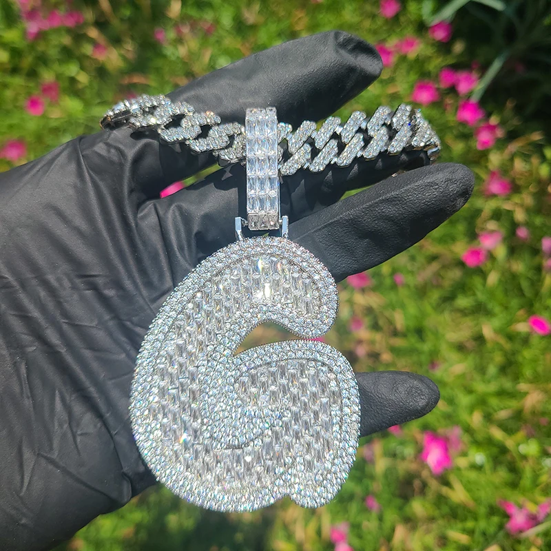 Grandbling Big Baguettecz Letter Pendant with Cuban Chain Iced Out