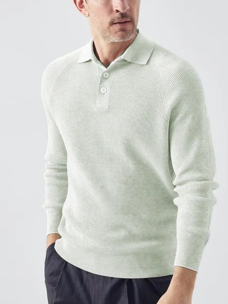 

Autumn Men's Long Sleeved Solid Color Sweater With Polo Base