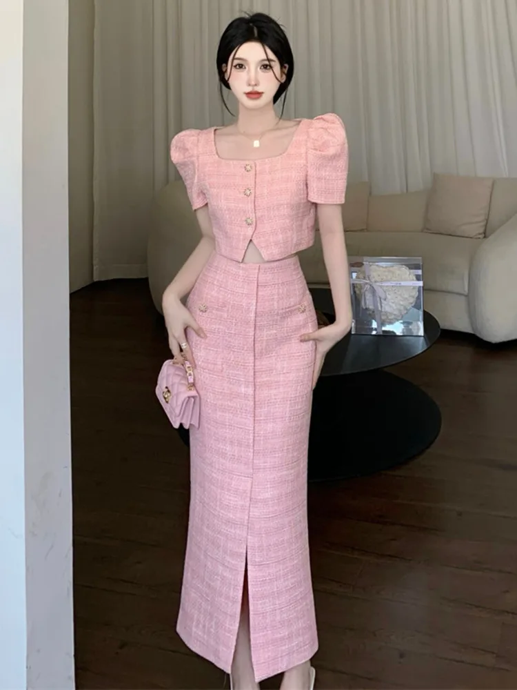 

High Quality French Vintage Small Fragrant Tweed Two Piece Set Women Fashion Chic Short Jacket Coat + Long Skirt 2 Piece Suits