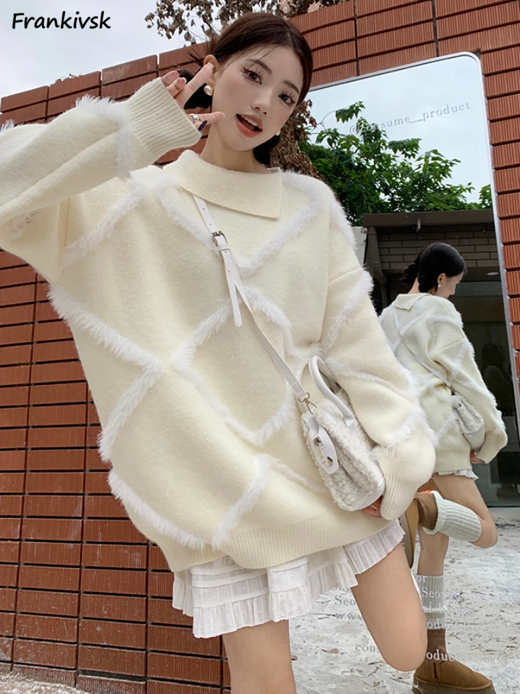 

Sweaters Women Slouchy Autumn Lovely All-match Hotsweet Fashion Korean Style Plaid Knitwear College High Street Popular Hipster