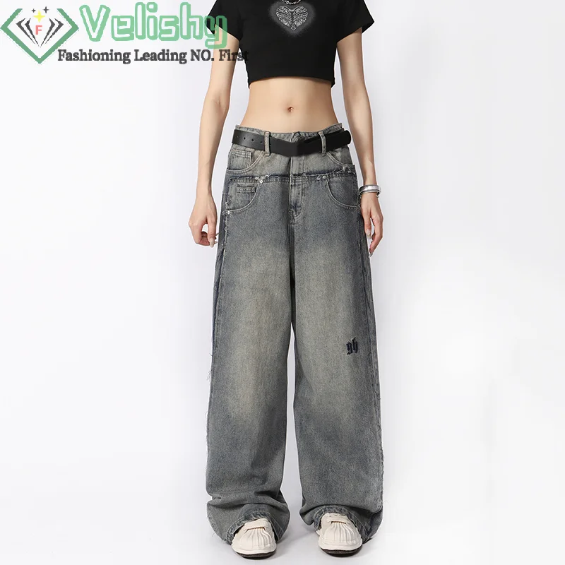 

Womens Blue Wide Leg Baggy Jeans Embroidery Double Low Waisted Denim Jeans Trousers Loose Boyfriend Pants Vintage Y2K Streetwear