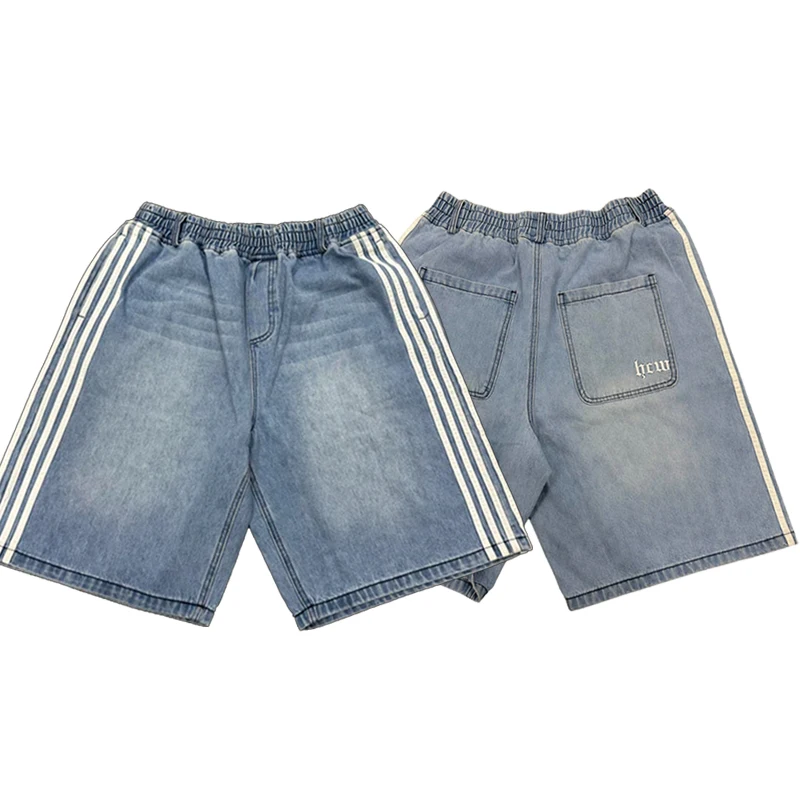 Y2K Denim Shorts Mens Womens HCW Striped Embroidery Retro Loose Summer Shorts Harajuku Hip Hop Casual Gym Streetwear denim shorts,summer jeans shorts