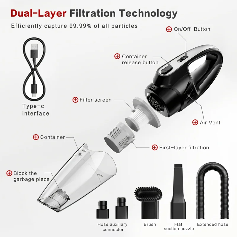 Portable Wireless Vacuum Cleaner Powerful Suction Rechargeable Handheld Vacuum Cleaner Quick Charge for Car Home Pet Hair