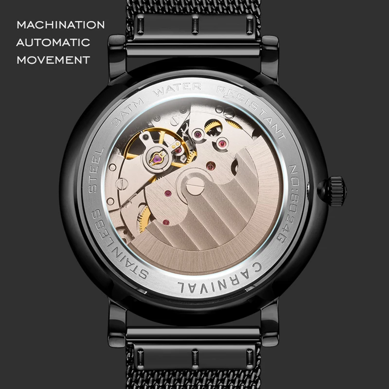 Carnival Brand Fashion Mechanical Watch for Men Small Seconds 24 Hours Automatic Movement Casual Wristwatch 30m Waterproof Reloj
