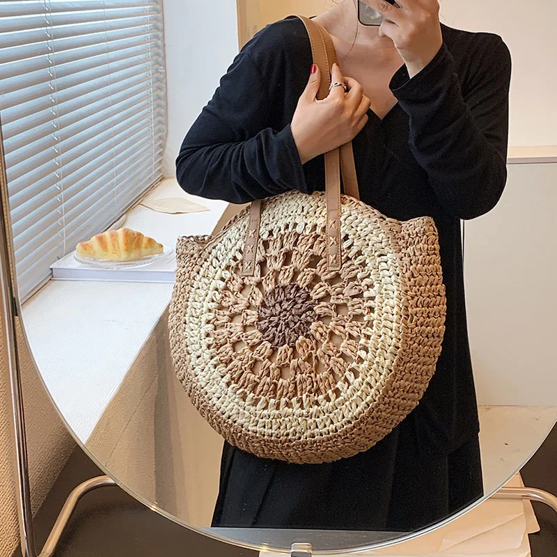 Women Round Hollow Straw Beach Bag Handmade Woven Shoulder Bag