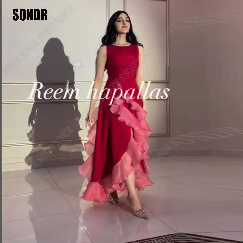 

SONDR Saudi Arabic Red A Line Evening Party Dresses Side Slit Satin O Neck Dubai Celebrate Prom Dress Ruched Formal Event Gown