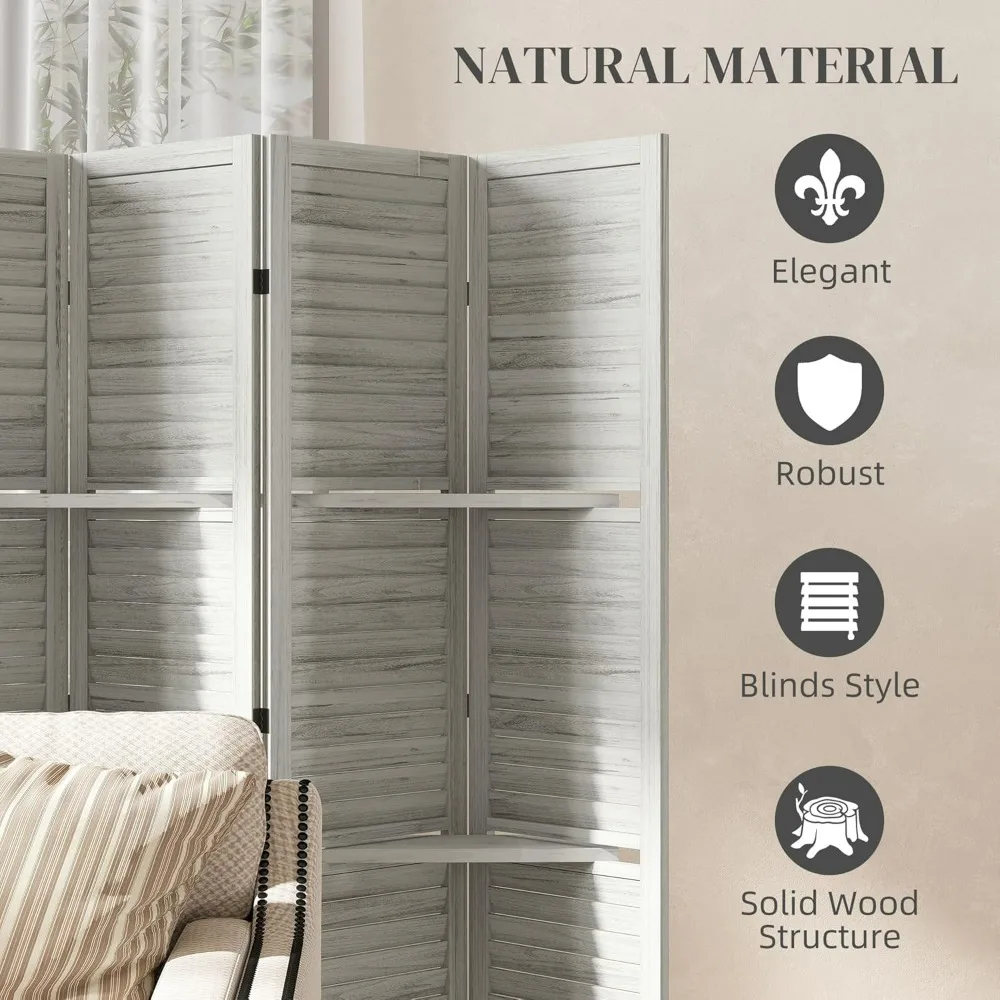 6 Panel Room Divider by HOMCOM - 67 Tall Wooden Privacy Screen with 3 Shelves for Bedroom or Home Office