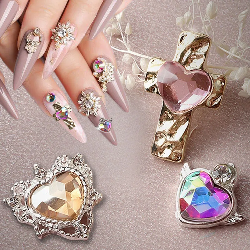 20pcs Colorful Heart Nail Rhinestones Shiny Crystal Heart Cross Nail Charm  Cross Wings Heart Nail Gems Alloy Nail Art Charms