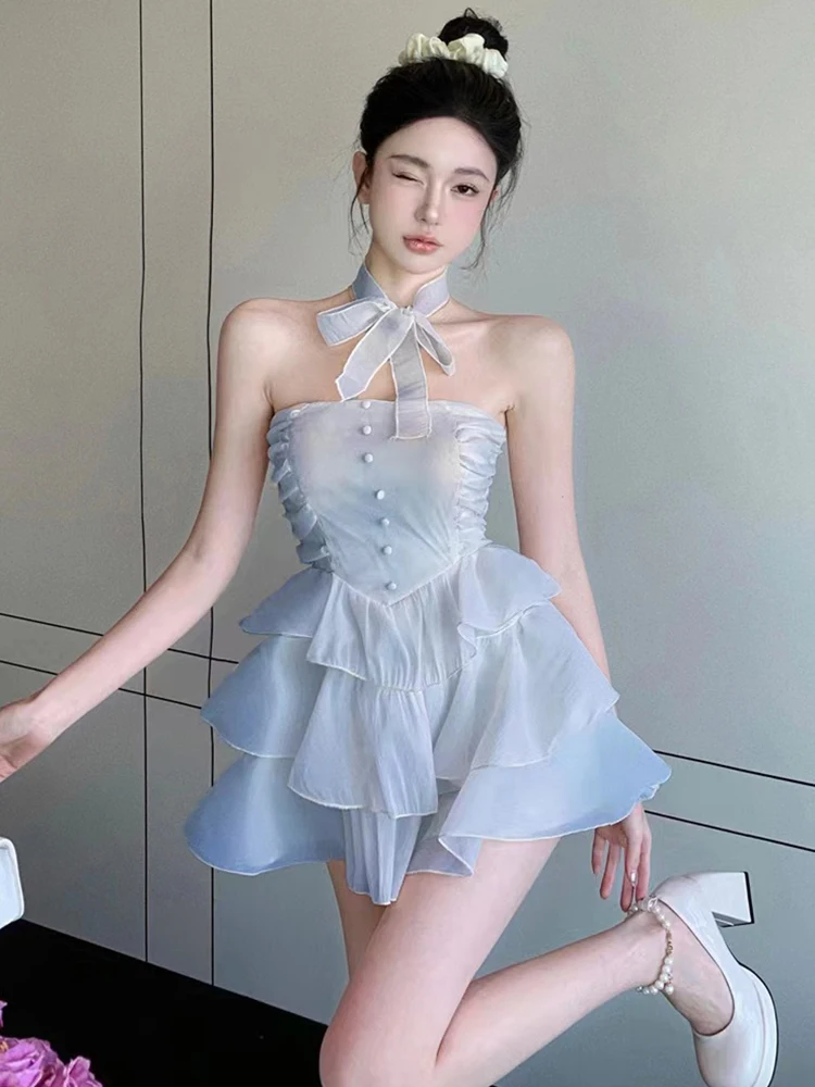 

Young Girls Sweet Blue Dress 2023 Summer Strapless Pleated High Waist Kawaii Cascading Ruffle Fairy Dress Birthday Robe Women