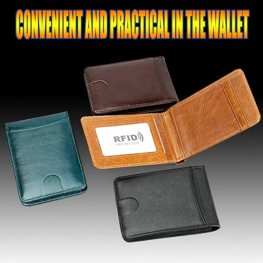 

Minimalist Men's Leather Slim Wallet 6 Card Slots Cowhide Leather RFID Blocking Card Holder ID Window Bifold Money Clip for Men