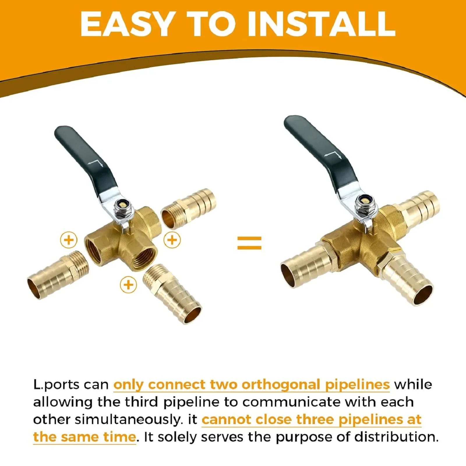 Brass 3-Way L-Port 1/2" Hose Barb Ball Valve 1/2" G Female Thread with Shut Off Lever Handle T Shaped Brass Fitting &Pipe Clamps