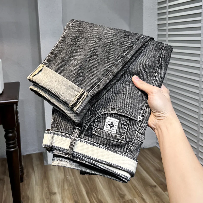 2024 new black jeans MEN'S trendy brand high end light luxury fashion embroidered straight fit casual comfortable elastic denim