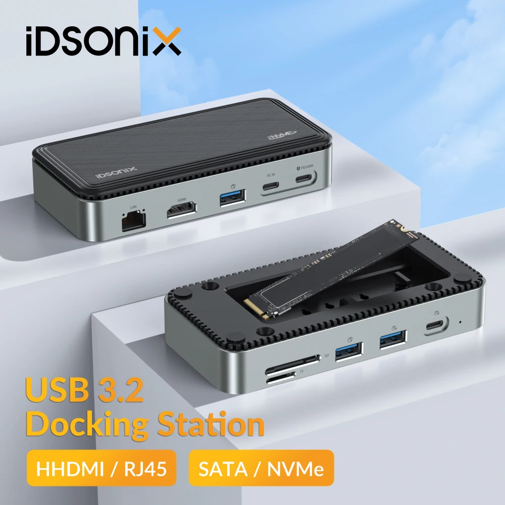 iDsonix USB C докинг станция M.2 NVMe Enclosure USB-A 3.2 Gen2 HUB адаптер с HDMI-съвместим четец на карти RJ45 за Mac лаптоп