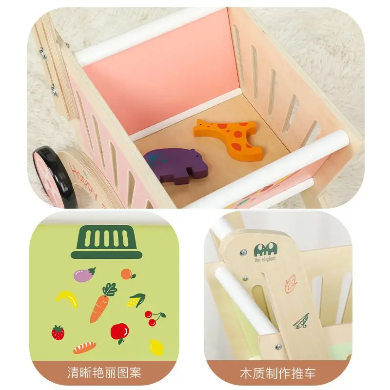 Colorful Shopping Cart Wooden Household Toys Baby Stroller Three Colors Trolley Toddler Cart 5