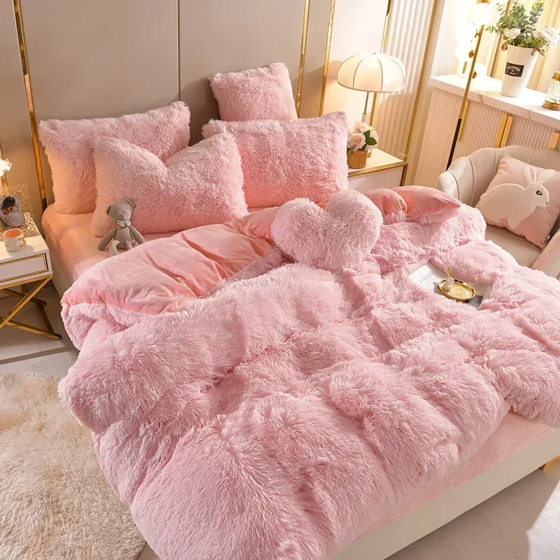 

Luxury Winter Warm Long Plush Pink Bedding Set Queen Mink Velvet Double Duvet Cover Set with Fitted Sheet Warmth Quilt Covers