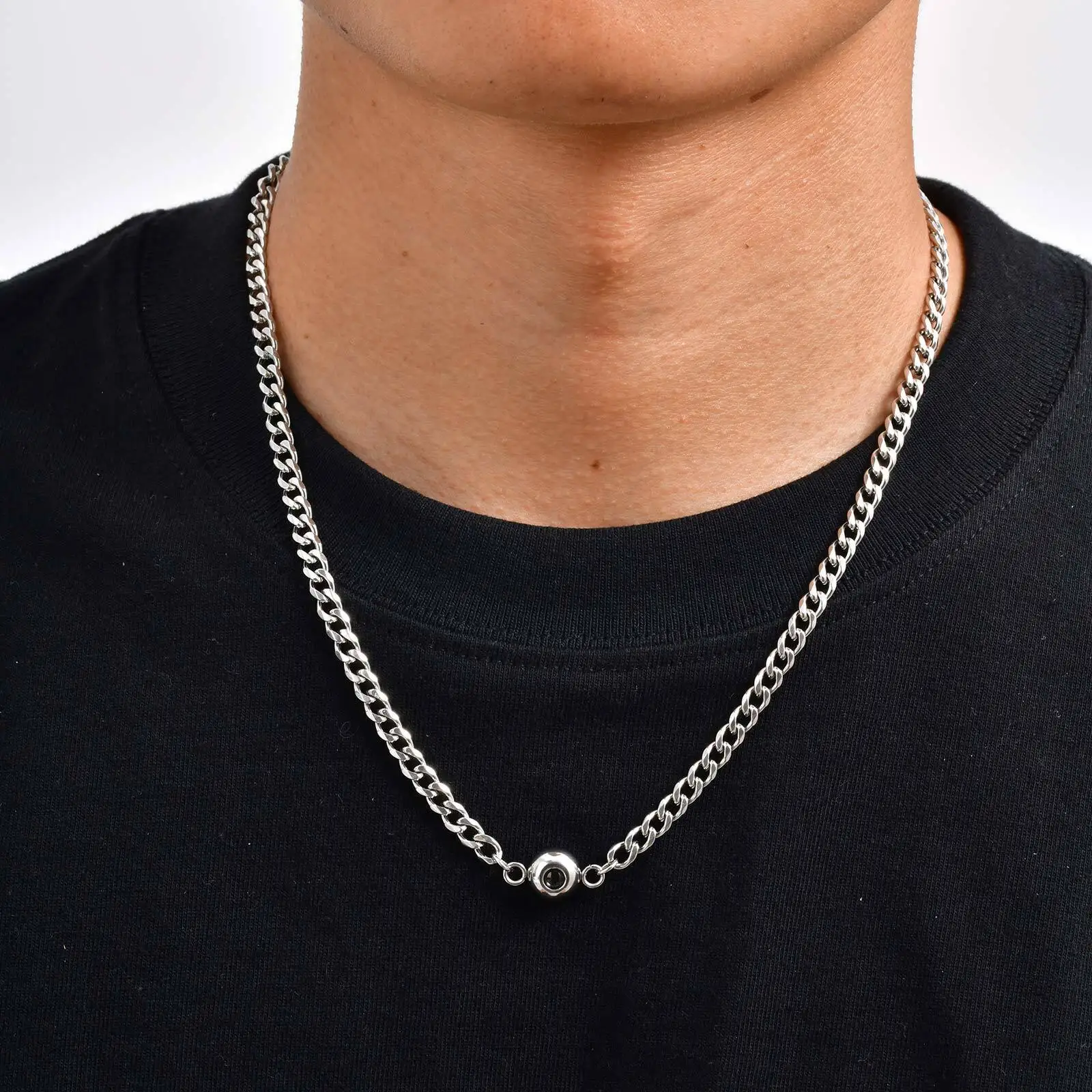 Customized Projection Stone Necklace for Men,Stainless Steel Cuban Chain Collars,Anniversary's Day Gift