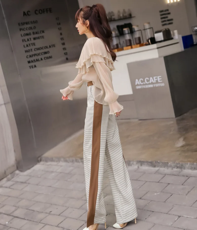 Plaid  long pants women high waist wide leg pants spring and summer new  printed casual pants champion sweatpants