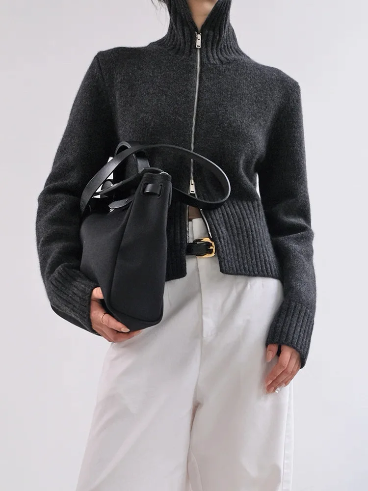 Cardigan minimaliste en cachemire tricoté à col haut avec double fermeture éclair pour femme, manches longues, bas, nouveau manteau d'automne et d'hiver