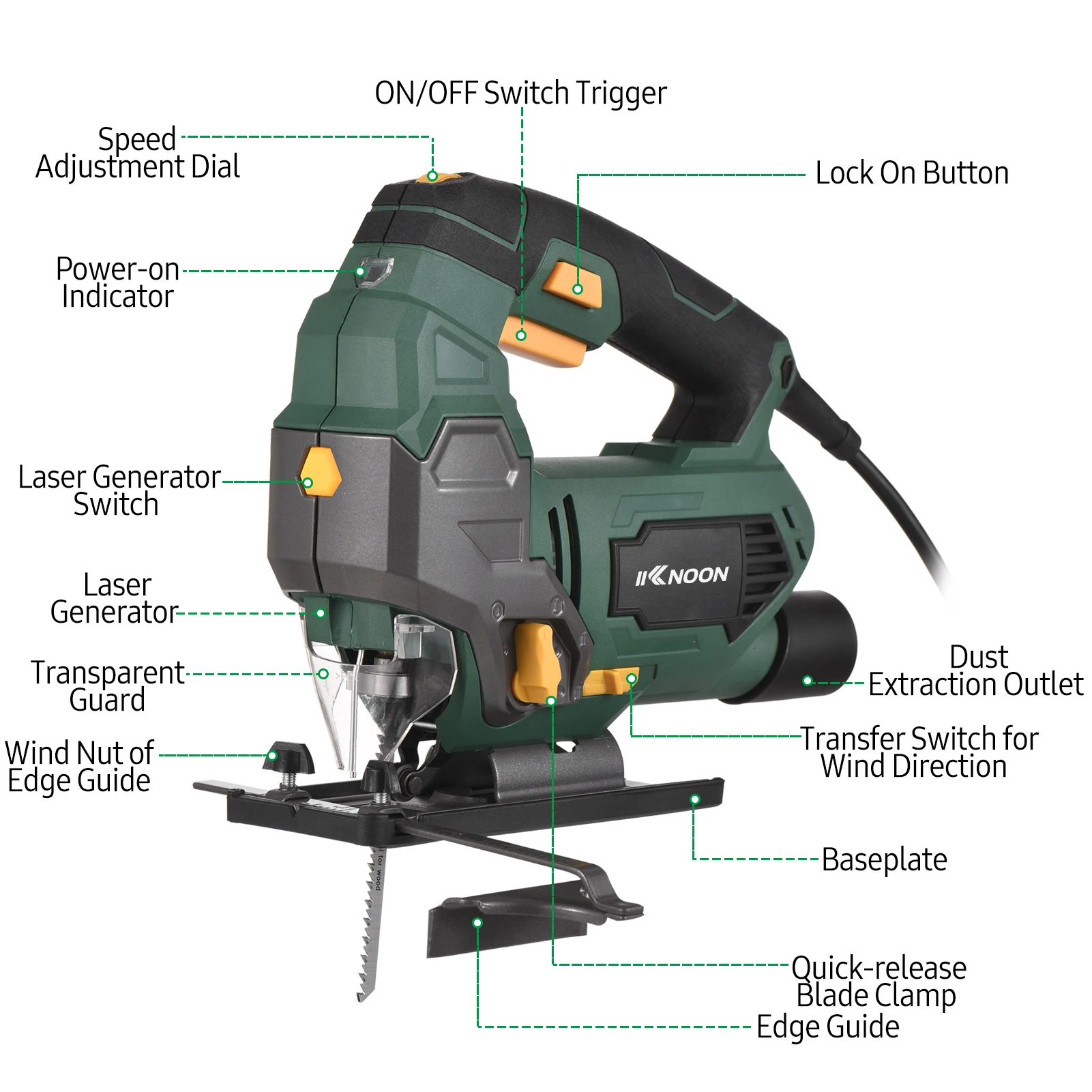 800W Jig Saw 6.5-Amp 3000 SPM 6-Speed with Laser ±45° Bevel Cutting 4 Orbital Settings Pure Copper Motor Power Corded 6 Blades