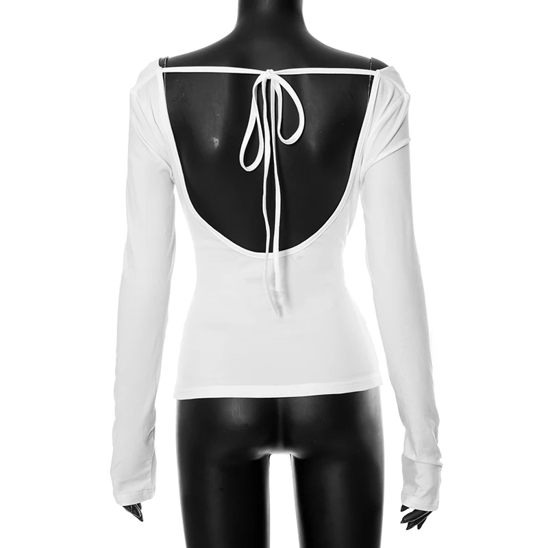 Irregular Swing Collar Ruched Off Shoulder Crop Vest Long Sleeve Backless Strappy Women Casual Tops Streetwear In Autum