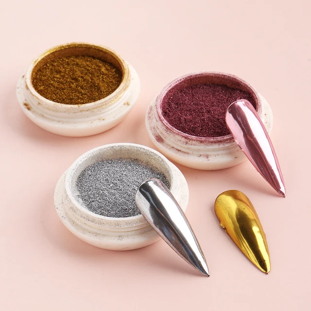 Poudre a ongle effet métallique effet miroir chromé, 3 boîtes, or argent Rose