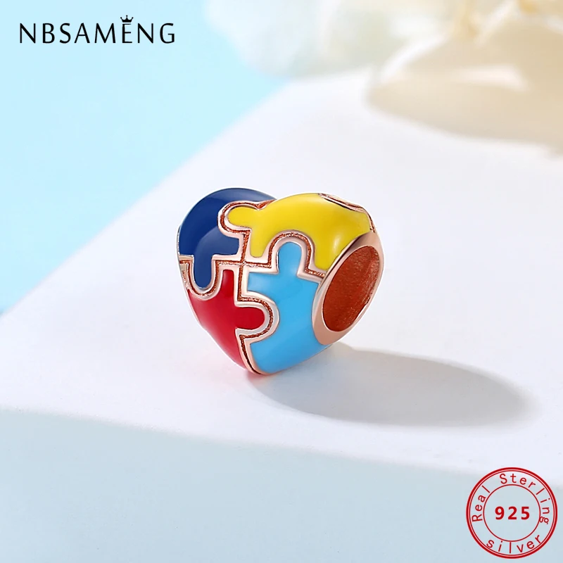 100% 925 Sterling Silver Charms Autism Awareness Puzzle Heart Beads Rose Gold Fit Pan Bracelets Necklaces Women DIY Jewelry 2