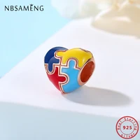 100% 925 Sterling Silver Charms Autism Awareness Puzzle Heart Beads Rose Gold Fit Pan Bracelets Necklaces Women DIY Jewelry 2