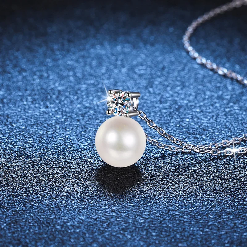 925 Sterling Silver 0.5 Carat Moissanite Pearl Necklace Clavicle Chain For Ladies pendant necklace silver necklace moissanite necklace