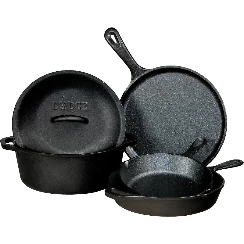 

Lodge Seasoned Cast Iron 5 Piece Bundle. 10.5" Griddle, 8" Skillet, 10.25" Skillet, 10.25" Dutch Oven, and 10.25" Lid,Black