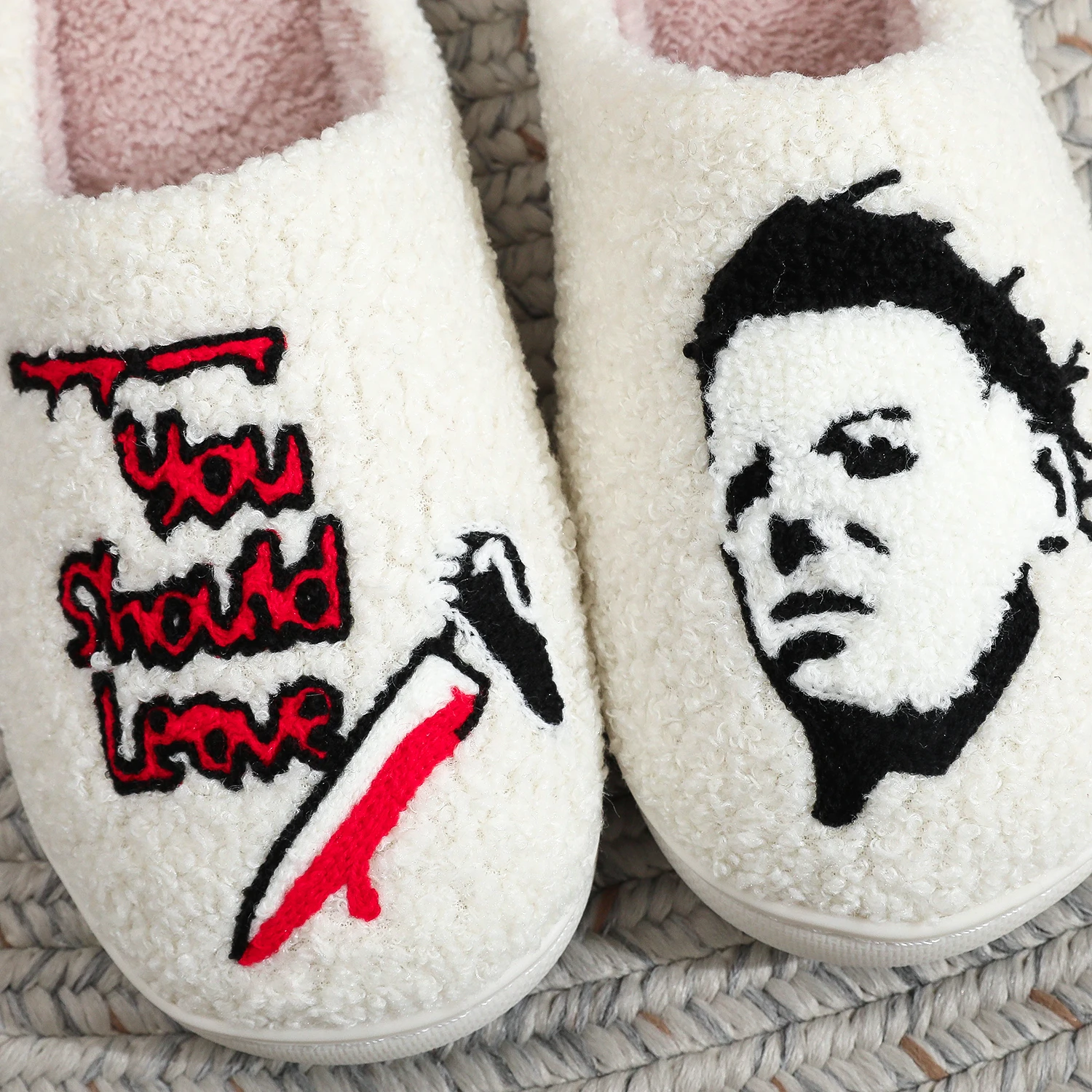 Horror Thriller Movie Michael Myers Halloween Embroidery stuffed Home Thick Sole plaid Furry Cotton Slippers Cute Warm Non-slip Indoor Slippers For Gifts 3