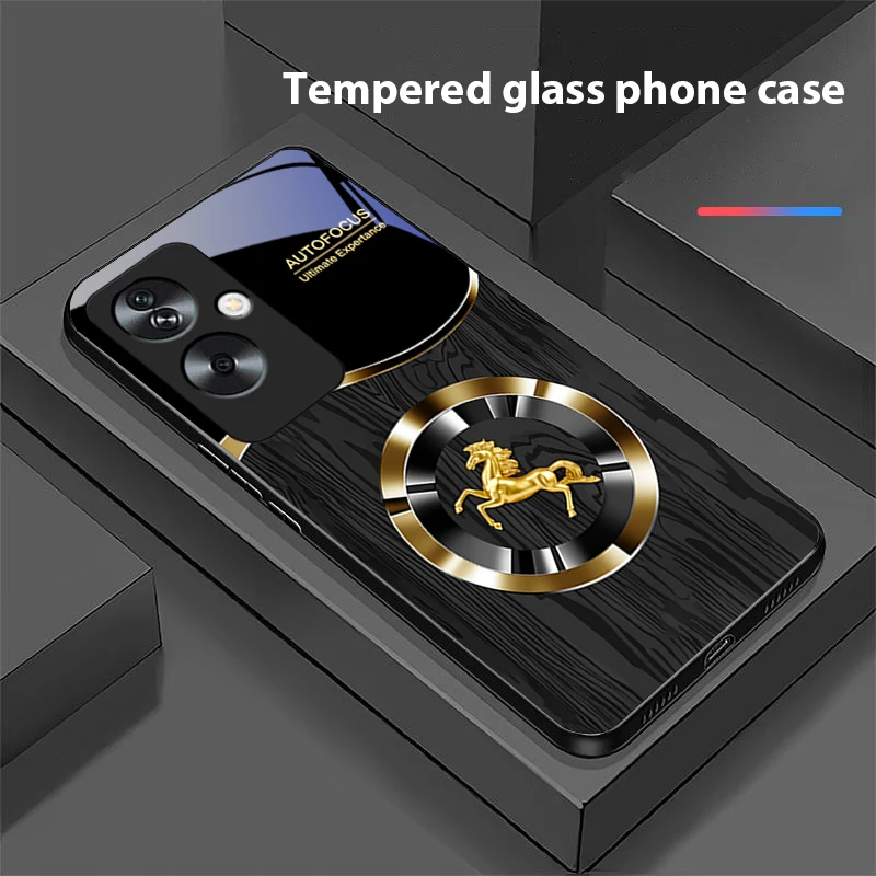 Wood Grain Horse Blue Tempered Glass Black Phone Case