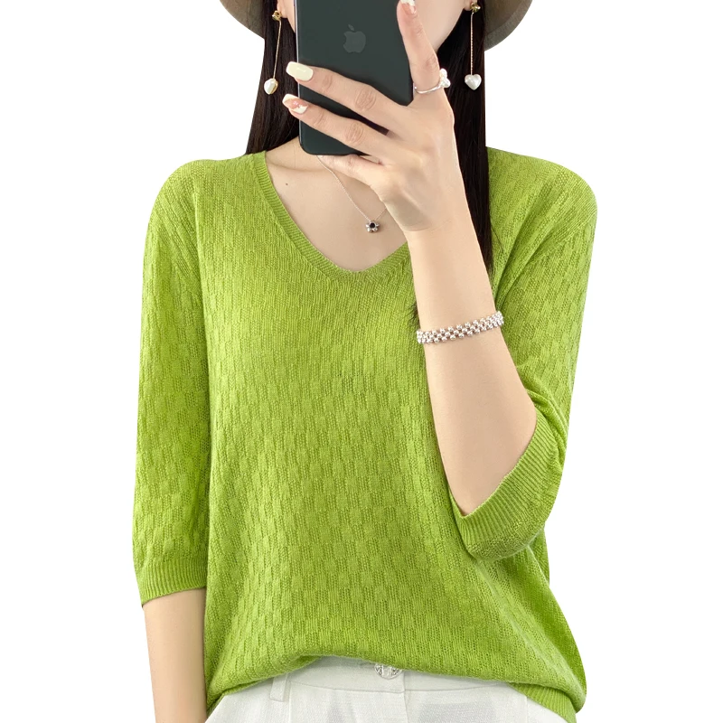 

Высококачественный Новый женский Тонкий кашемировый свитер с V-образным вырезом и рукавом средней длины мягкий базовый вязаный Топ