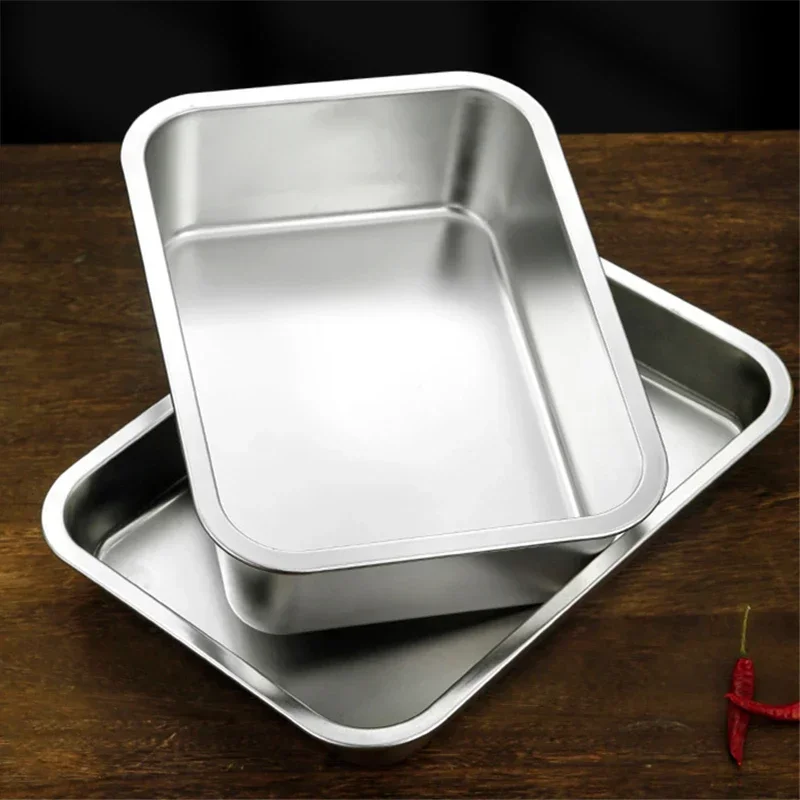 Thicken Stainless Steel Serving Tray with Lid Rectangle Metal Food Storage Plates Dish Cake Buffet Organizer Kitchen Container 4