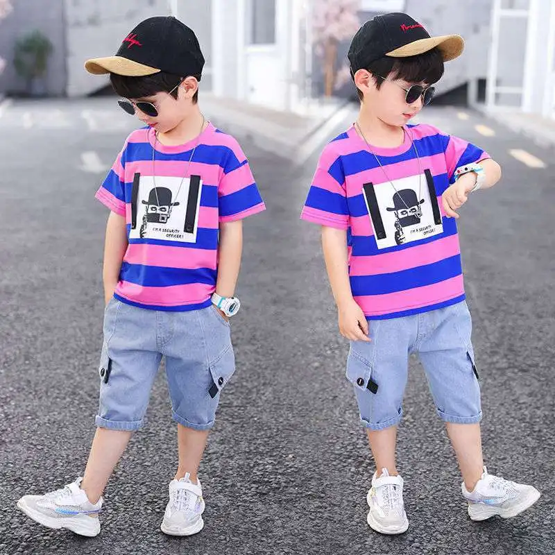Summer Boys Clothing Kids Clothes Stripe Cotton T-shirt + Jeans Pant Boy Sets Infant Newborn Clothing 3 4 5 6 7 8 10 12 Years